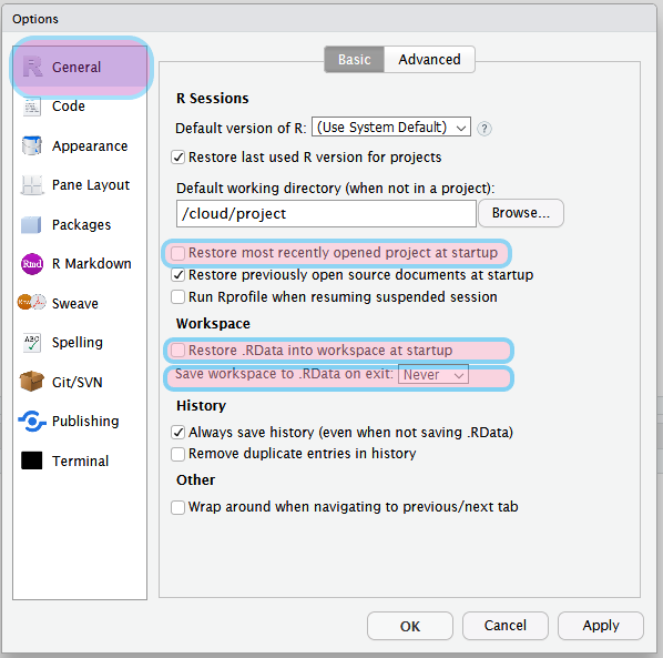 RStudio projekt beállítások